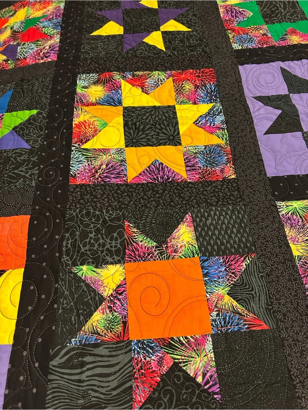 ONE OF A KIND - HANDCRAFTED Black Patchwork Star Quilt with Multicolor Accents